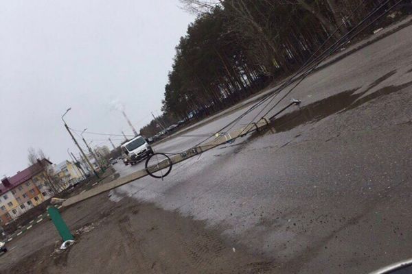 В Пензе на улице Светлая упавший столб перегородил половину дороги