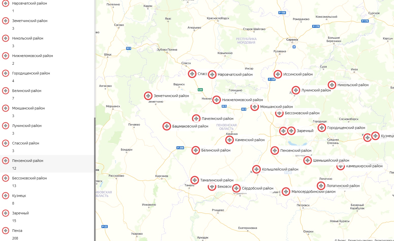 В сети появилась карта распространения коронавируса по Пензенской области