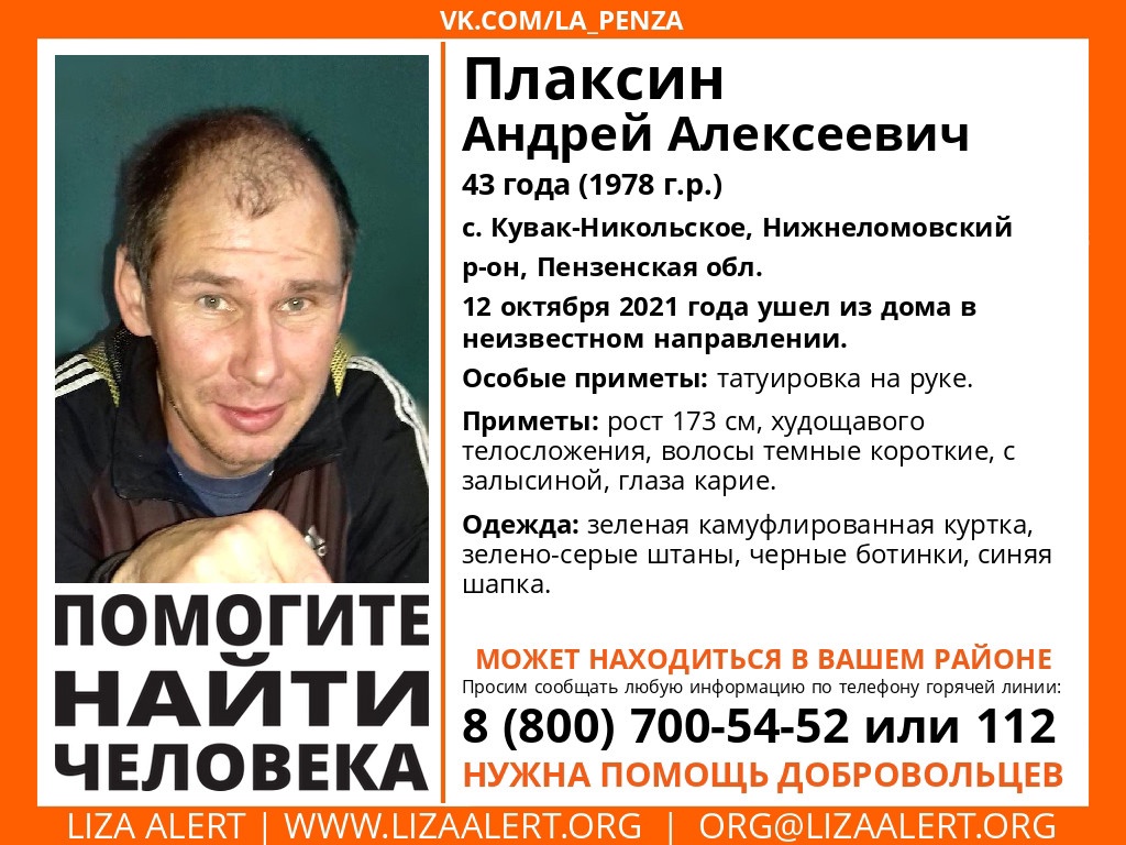 В Нижнеломовском районе пропал мужчина с татуировкой на руке