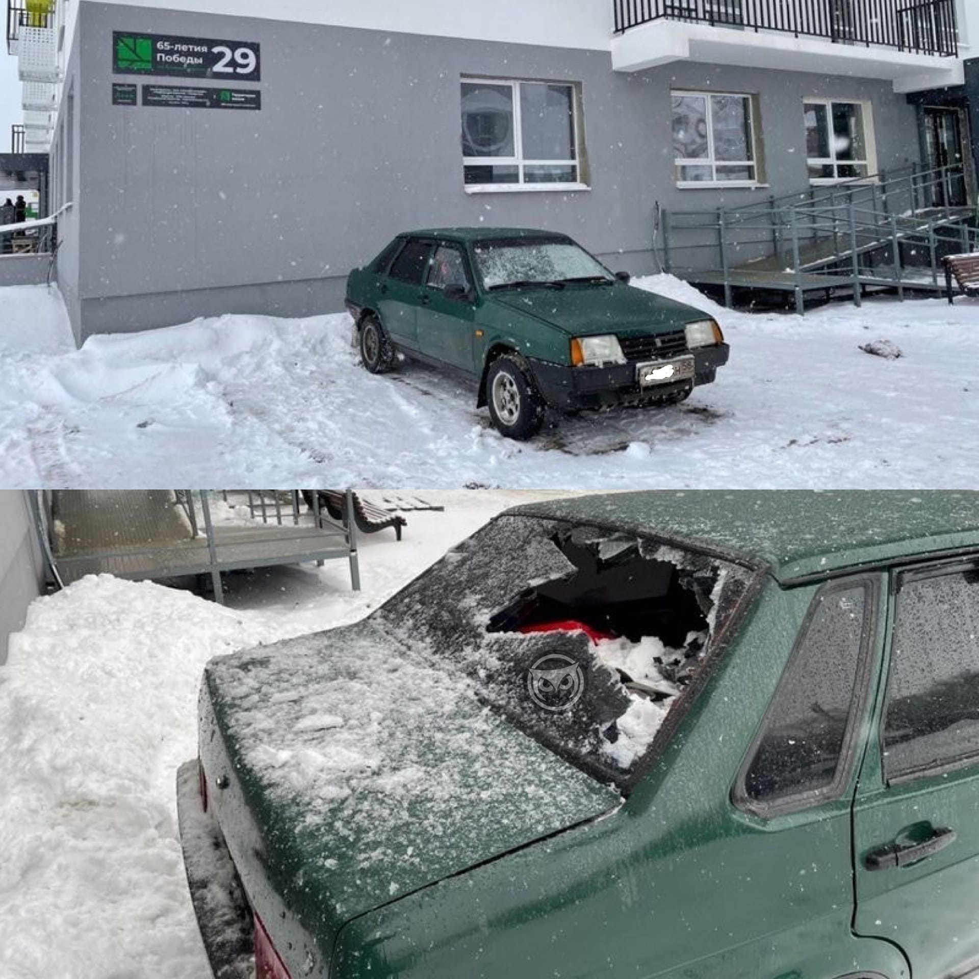 В Пензе на припаркованное авто свалился снежный снаряд