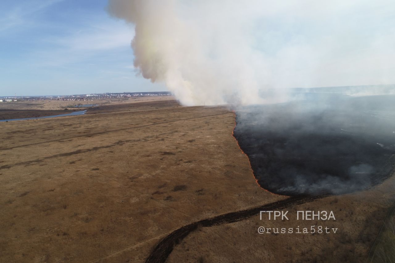В микрорайоне Заря тушением горящей травы занимаются более 30 пожарных
