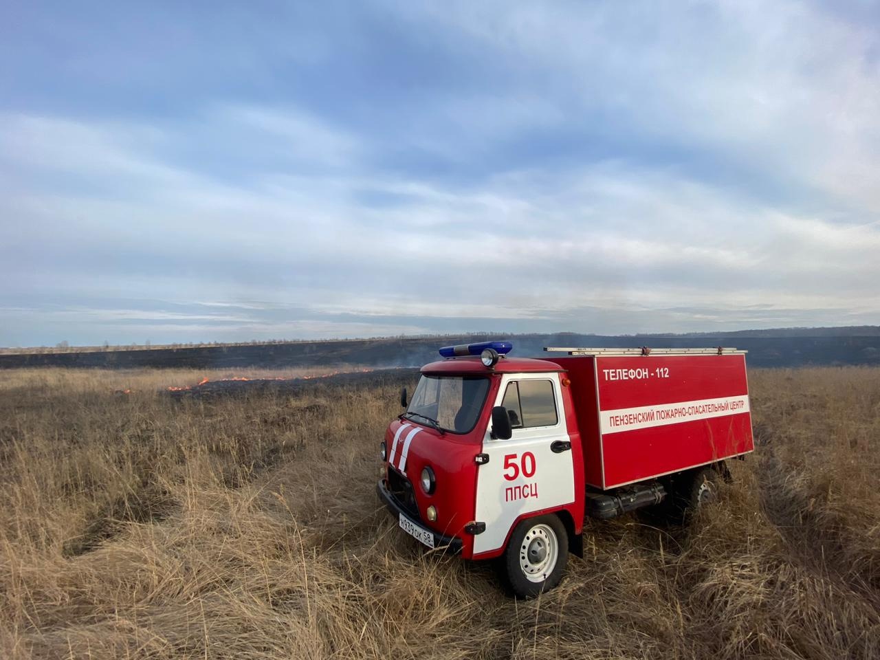 Под Пензой спасатели потушили горящую вдоль трассы М5 траву