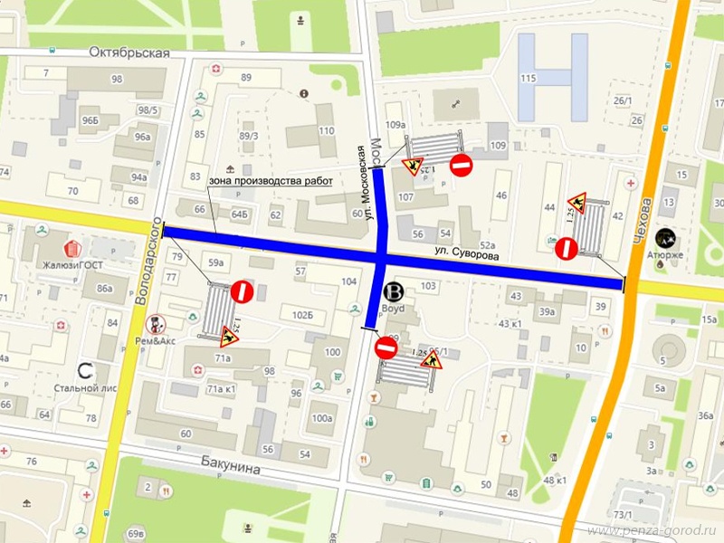 В Пензе до 24 мая закроют движение транспорта по улице Суворова