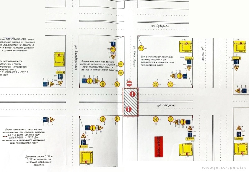 В Пензе на пересечении улиц Бакунина и Московской ограничат проезд