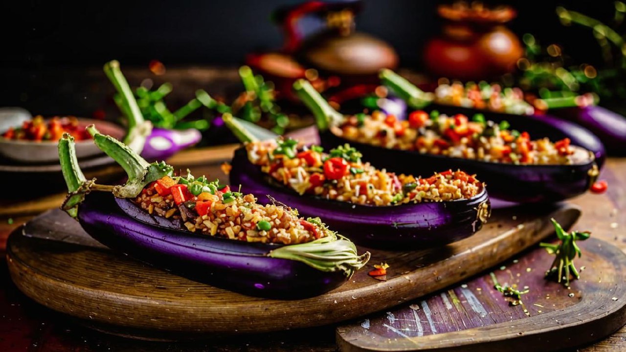 Фаршированные баклажаны с курочкой, помидорой и сыром