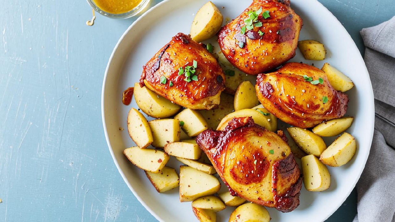 Куриные бедрышки в медово-горчичном соусе с румяной картошечкой