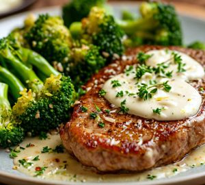Эскалопы из свинины с брокколи и сливочно-чесночным соусом