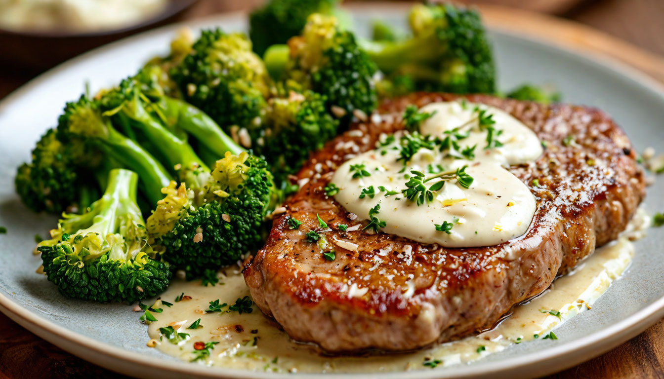 Эскалопы из свинины с брокколи и сливочно-чесночным соусом