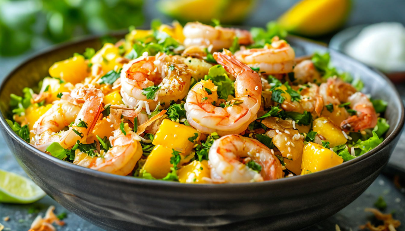 Креветки, манго и кокос: экзотический салат для гурманов