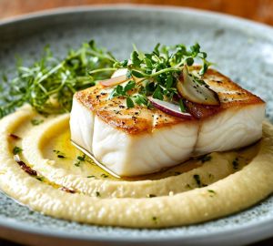 Филе палтуса с пюре из цветной капусты и соусом из белого вина