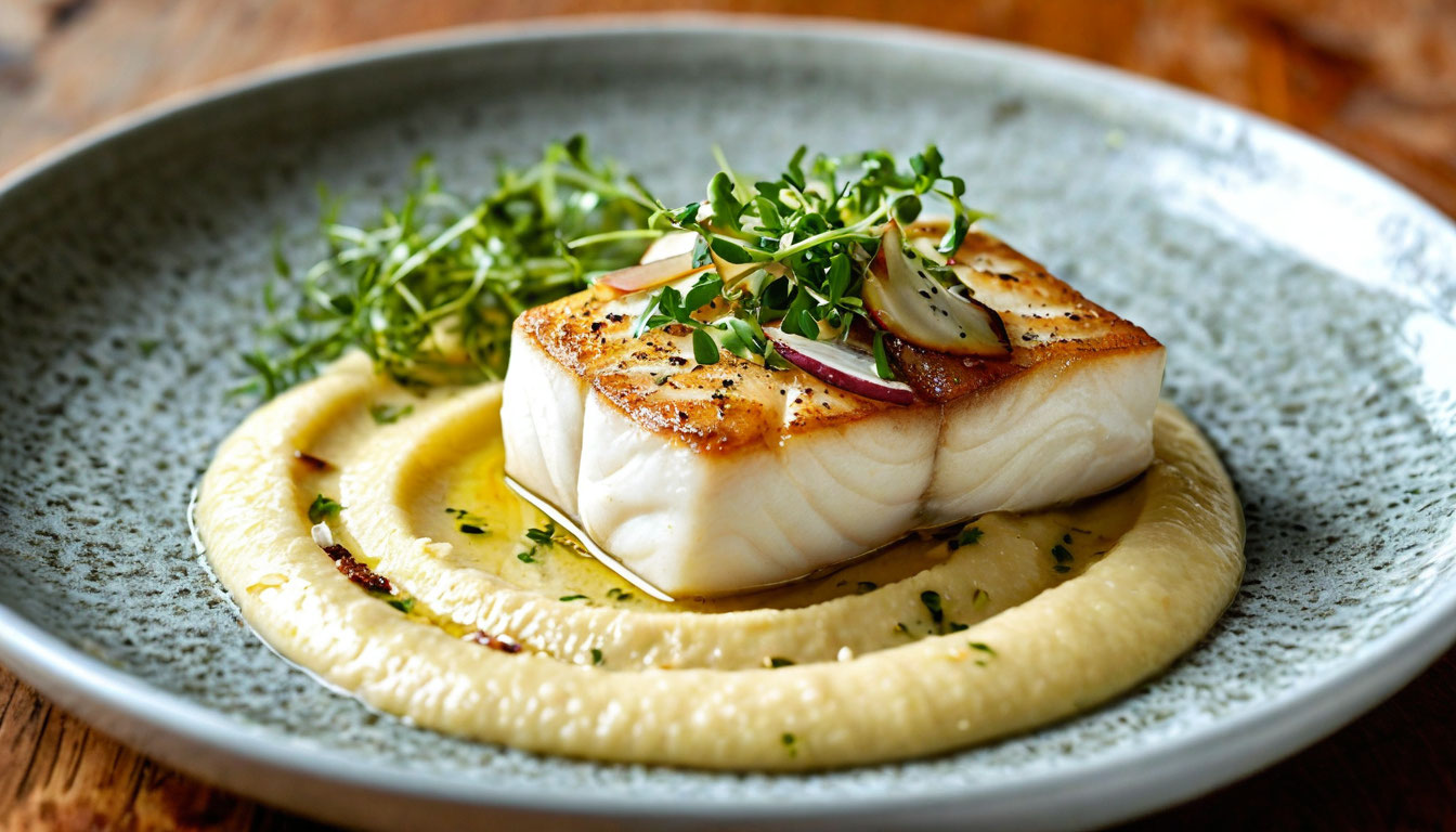 Филе палтуса с пюре из цветной капусты и соусом из белого вина