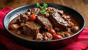 Нежная говядина по-бургундски в винном соусе