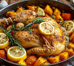 Цыпленок с лимоном и розмарином, запеченный с овощами