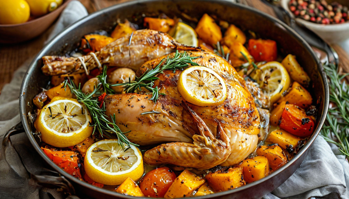 Цыпленок с лимоном и розмарином, запеченный с овощами