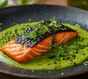 Лосось с хрустящей корочкой и кремом из зеленого горошка