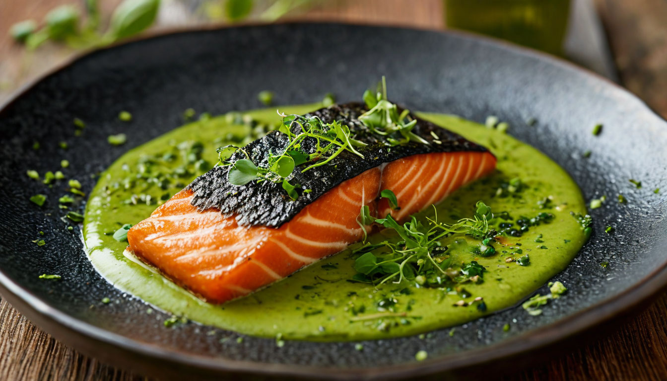 Лосось с хрустящей корочкой и кремом из зеленого горошка