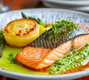 Лосось с кремом из спаржи и картофельным гратеном