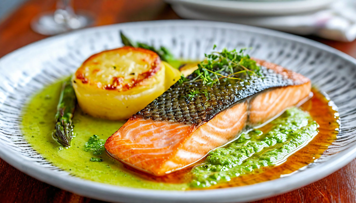 Лосось с кремом из спаржи и картофельным гратеном