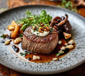 Филе миньон с кремом из топинамбура и соусом из черных лисичек