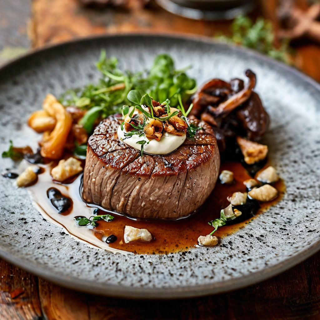 Филе миньон с кремом из топинамбура и соусом из черных лисичек