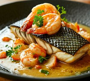 Филе сибаса с креветками в соусе из белого вина и имбиря