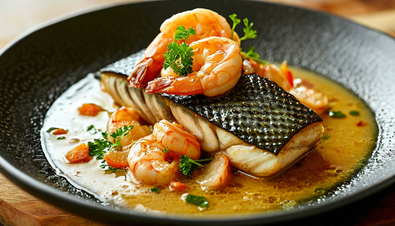 Филе сибаса с креветками в соусе из белого вина и имбиря