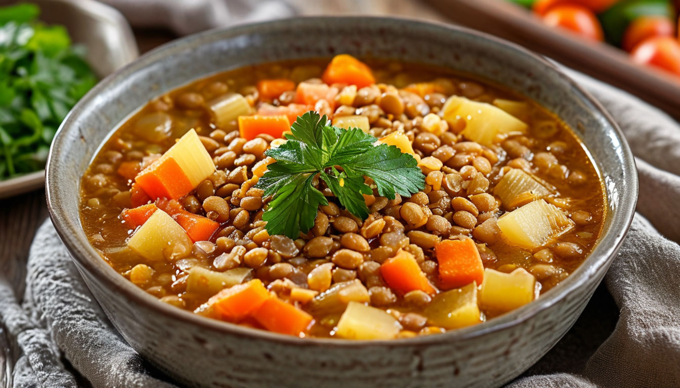 Суп с чечевицей и овощами в пост