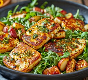 Салат с жареным халлуми, грушей и медово-горчичной заправкой