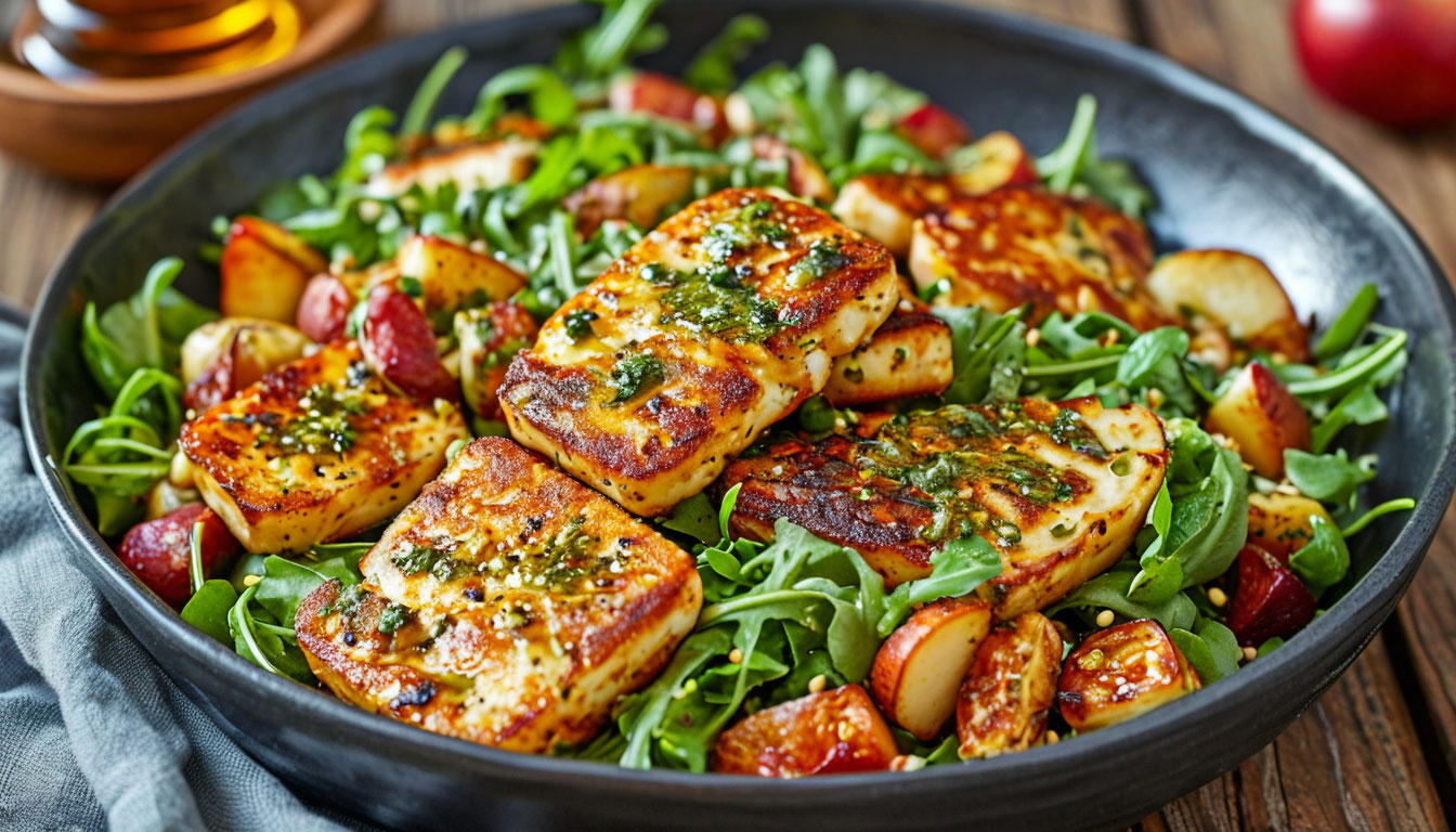 Салат с жареным халлуми, грушей и медово-горчичной заправкой