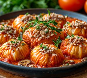 Постные голубцы с гречкой и грибами в томатном соусе