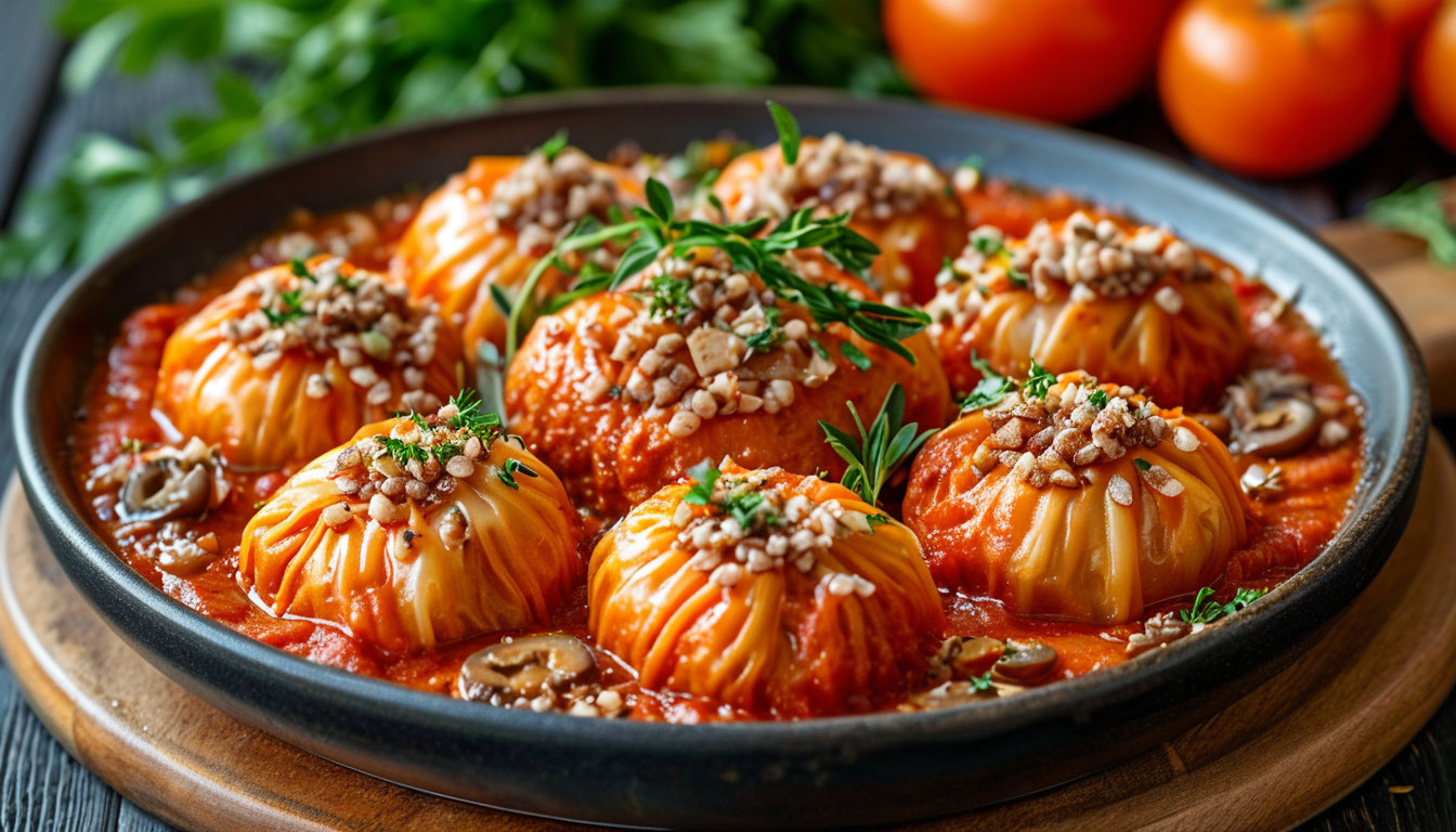 Постные голубцы с гречкой и грибами в томатном соусе