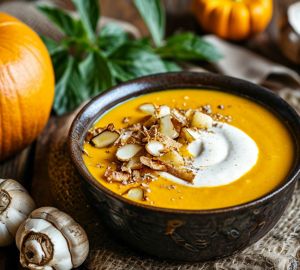 Кремовый суп из печёной тыквы с кокосовым молоком и чипсами из топинамбура