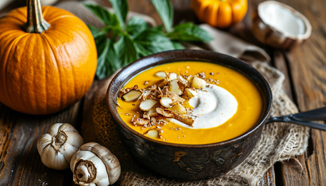 Кремовый суп из печёной тыквы с кокосовым молоком и чипсами из топинамбура