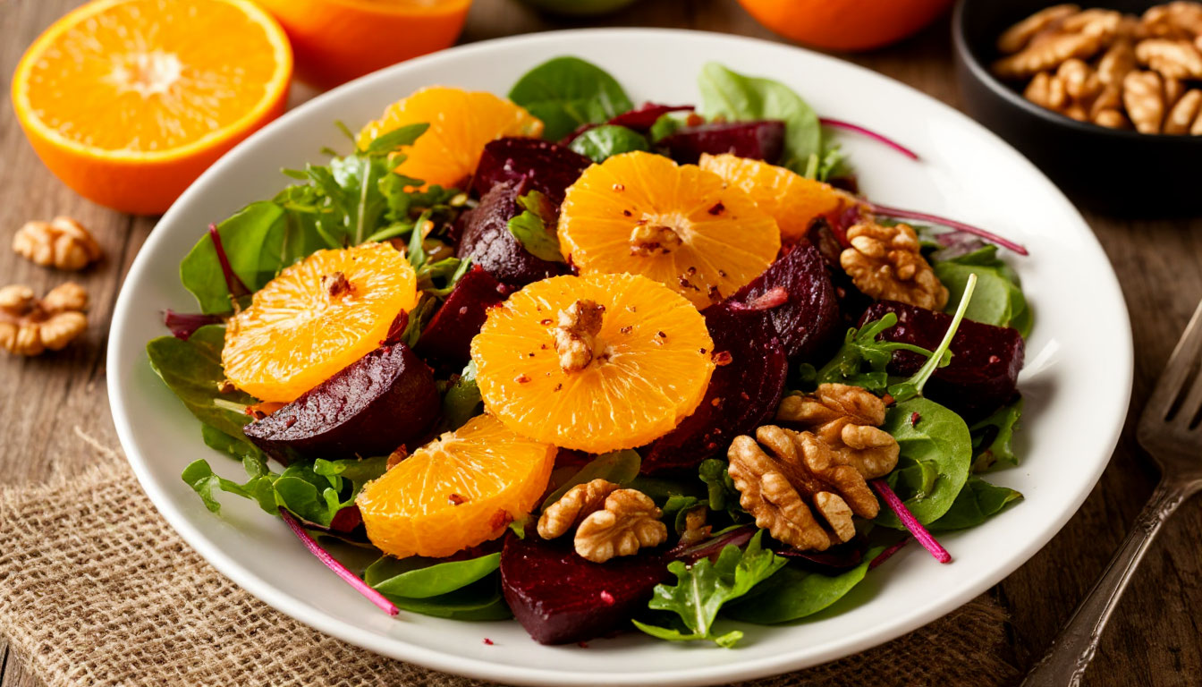 Салат с печёной свёклой, апельсином и грецкими орехами