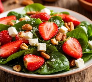 Салат из шпината с клубникой, сыром фета и орехами