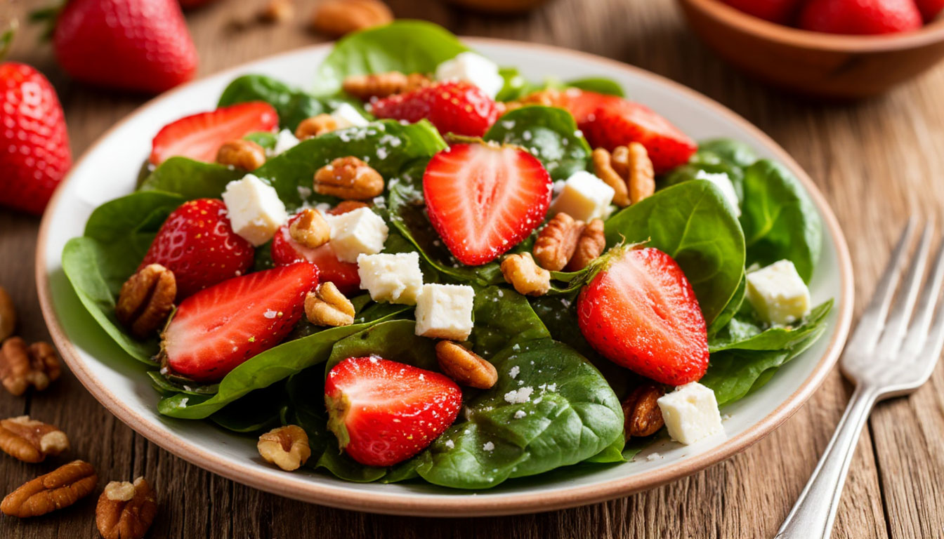 Салат из шпината с клубникой, сыром фета и орехами