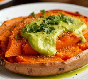 Запеченный батат с хрустящей корочкой и соусом из авокадо
