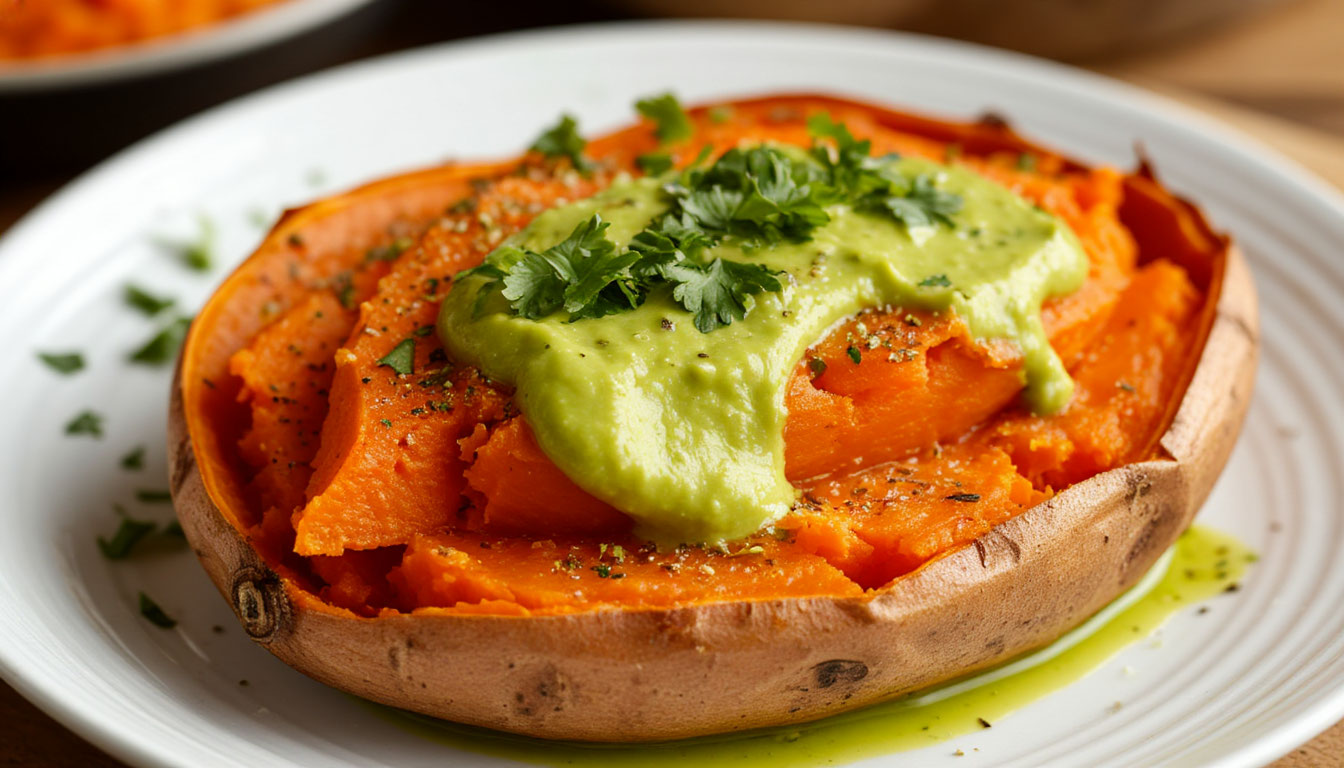 Запеченный батат с хрустящей корочкой и соусом из авокадо