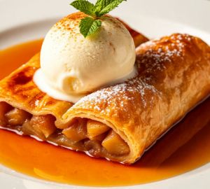 Теплый яблочный штрудель с ванильным пломбиром и карамельным соусом