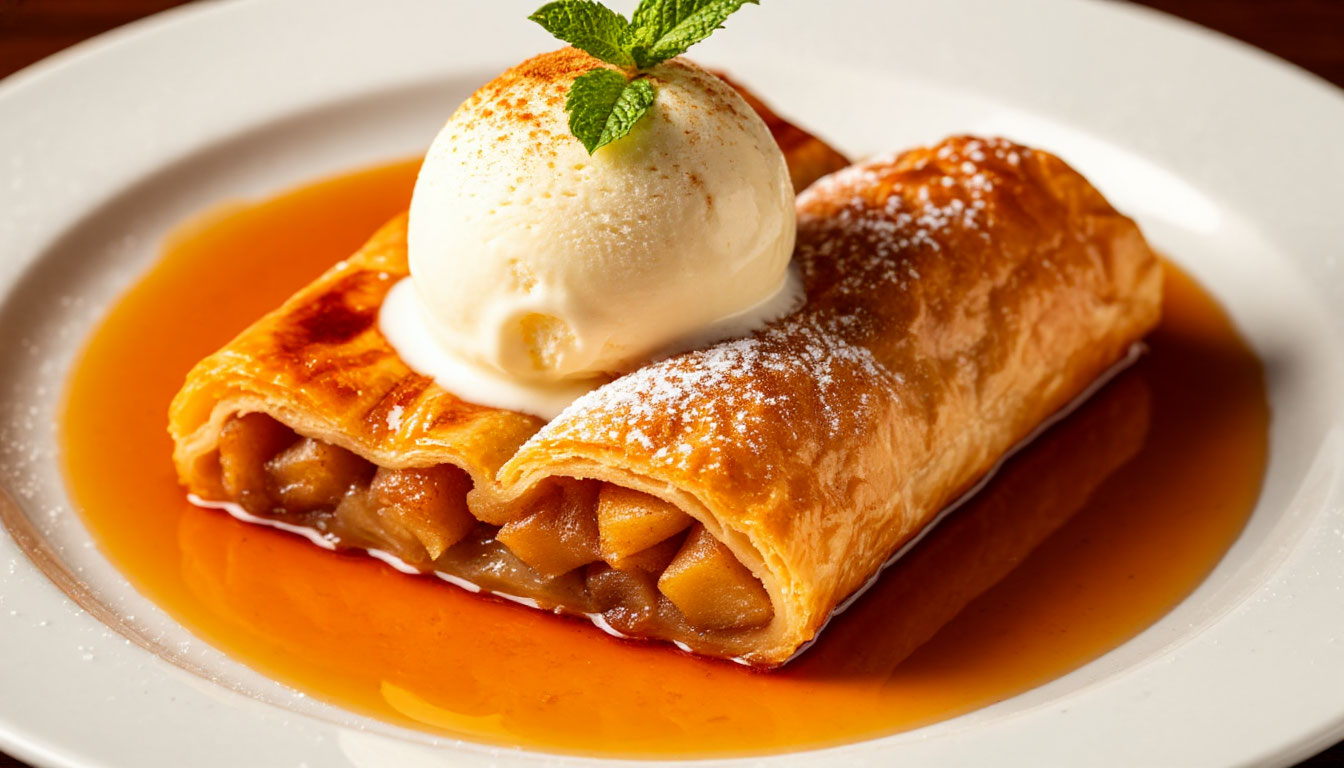 Теплый яблочный штрудель с ванильным пломбиром и карамельным соусом