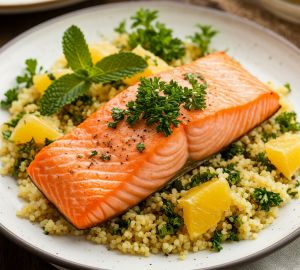 Лосось с мятно-цитрусовой сальсой и кускусом с травами