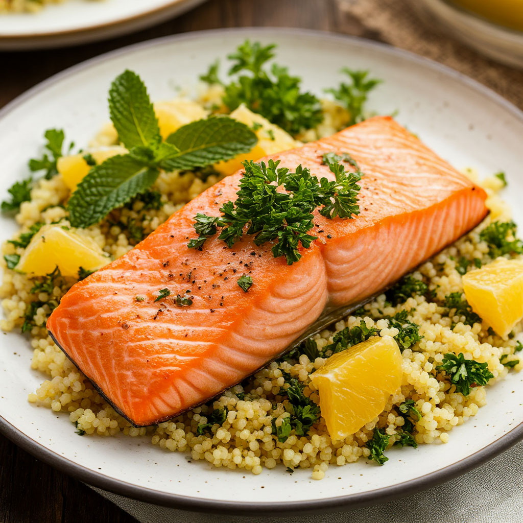 Лосось с мятно-цитрусовой сальсой и кускусом с травами