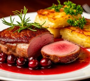 Утиная грудка с вишневым соусом и картофельным гратеном
