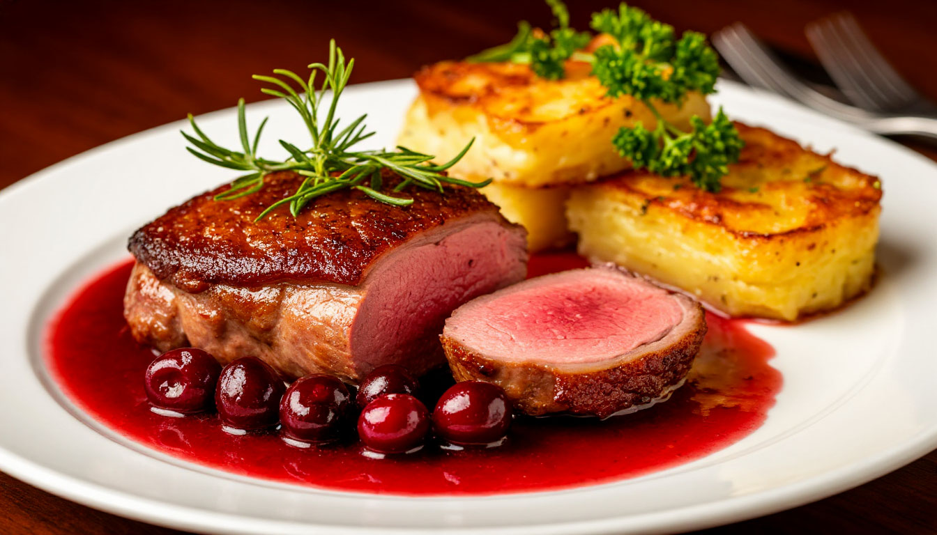 Утиная грудка с вишневым соусом и картофельным гратеном