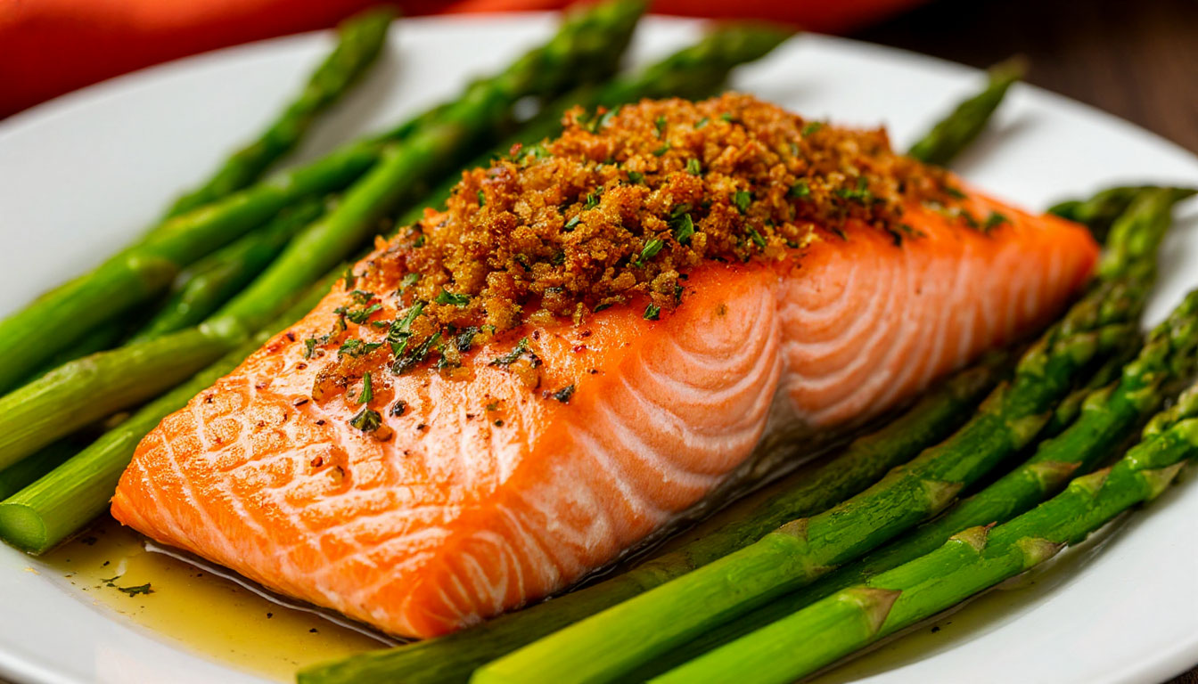 Запеченный лосось с хрустящей корочкой и спаржей