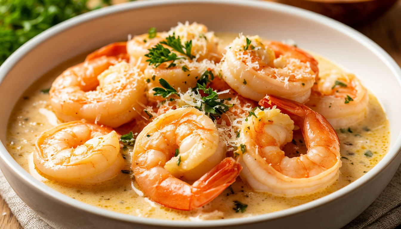 Креветки в сливочно-чесночном соусе с пармезаном