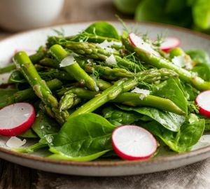 Салат из молодой спаржи с редисом и щавелем