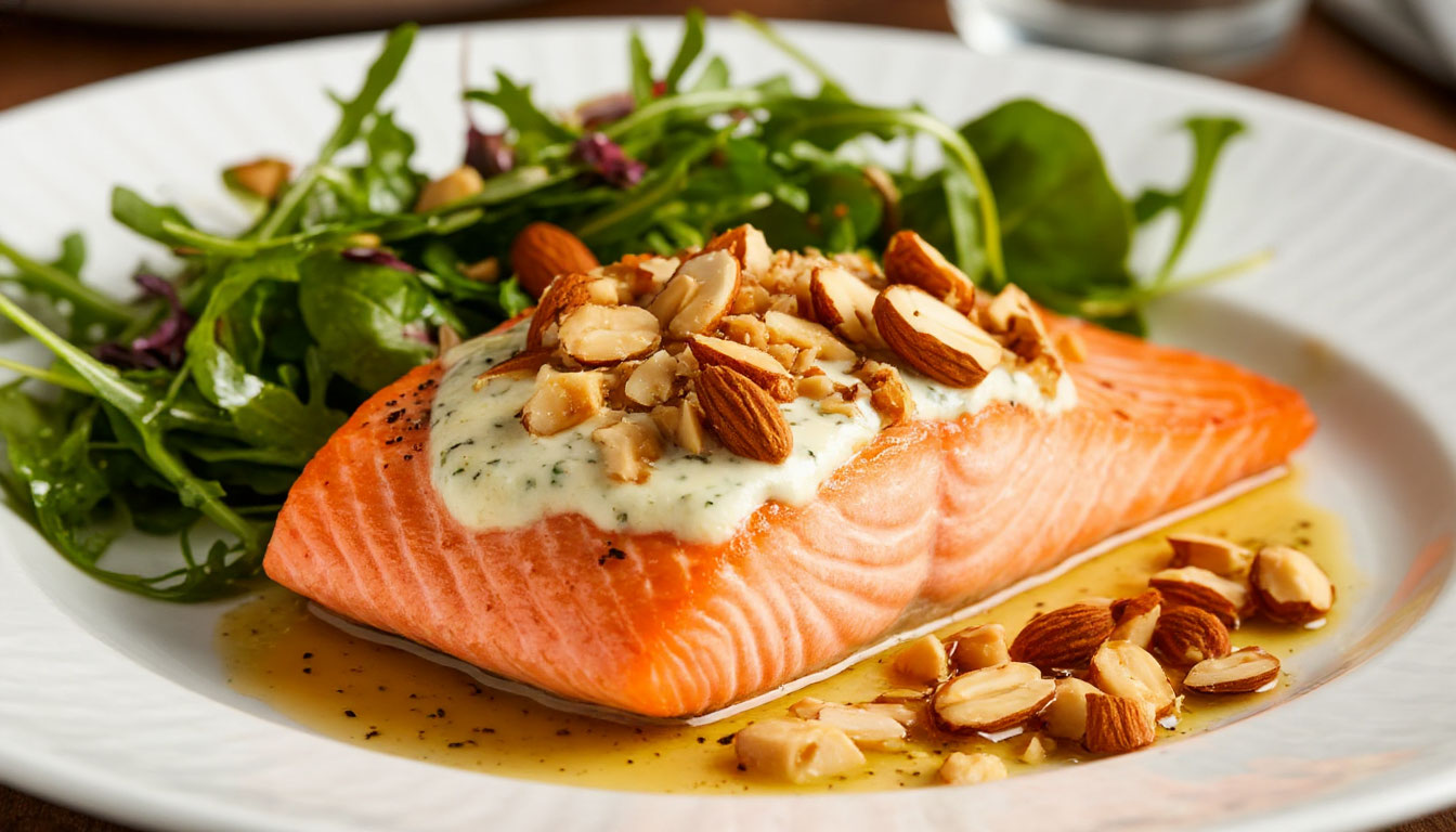 Лосось с кремом из цветной капусты и хрустящим миндалем