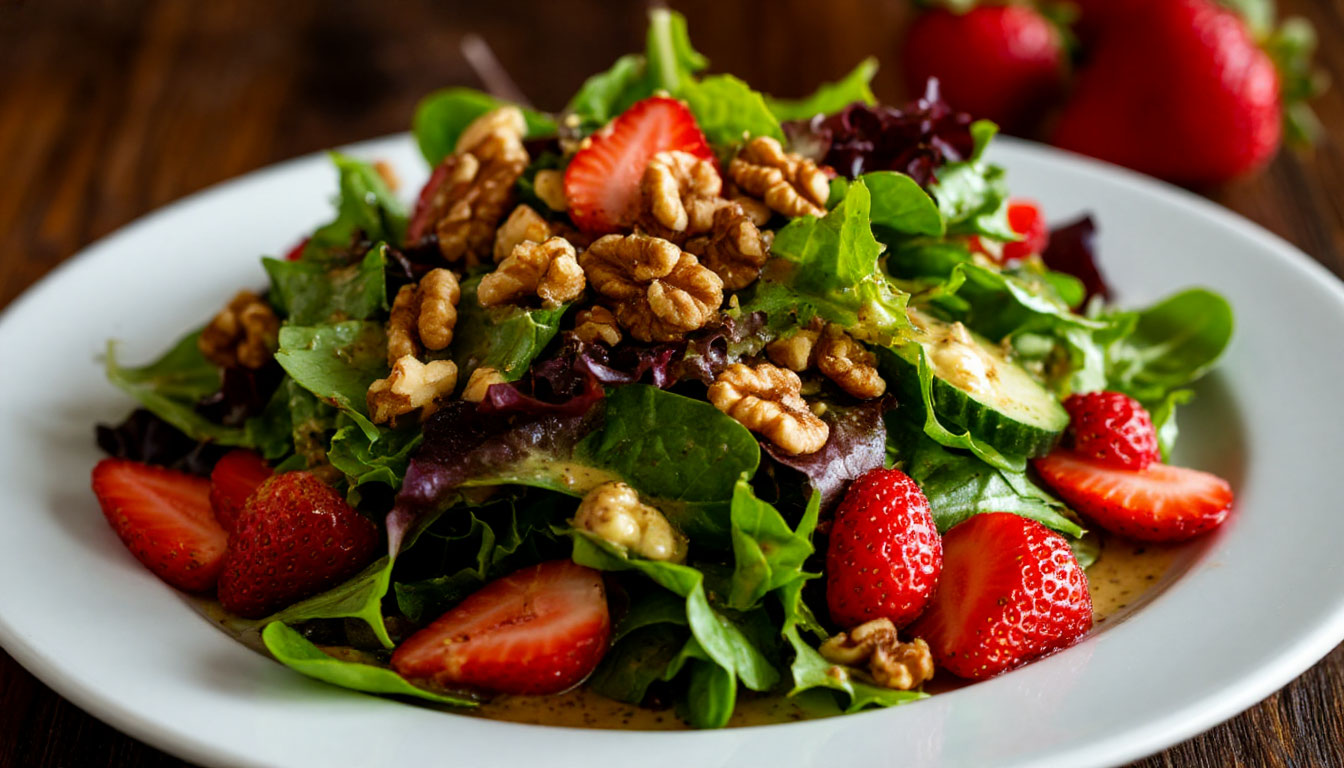 Салат из органической зелени, клубники и грецких орехов