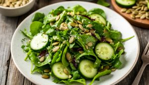 Весенний детокс-салат из зелени, огурцов и семян тыквы